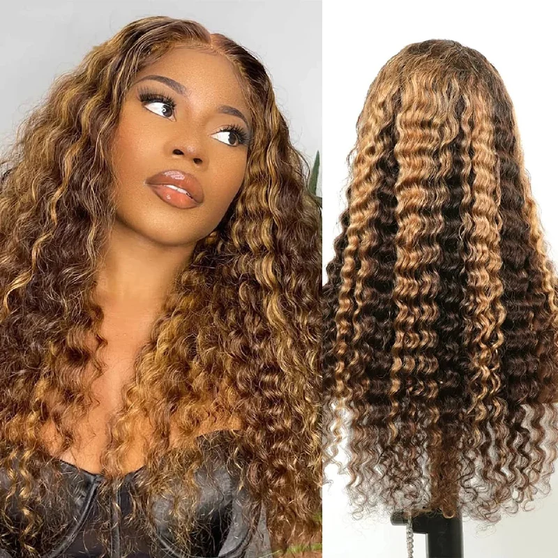 Colored wig with a blue - green ombre effect for a unique and trendy appearanceGlueless Deep Wave Wig Highlight #4/27 Honey Blonde Transparent HD Lace Wigs