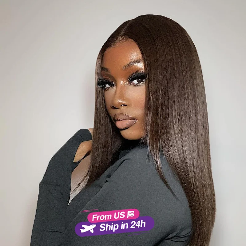 Synthetic colored wig with a heat - resistant formula for easy stylingGlueless Tiny Knot Transparent Lace 7x5 Lace Black Straight Wig With Bleached Knots