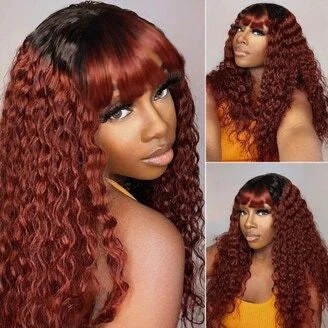 Colored wig with a natural - looking root for a more realistic lookGlueless Wigs Black Omber Reddish Brown Curly Wig With Bangs Transparent Lace Front Wig