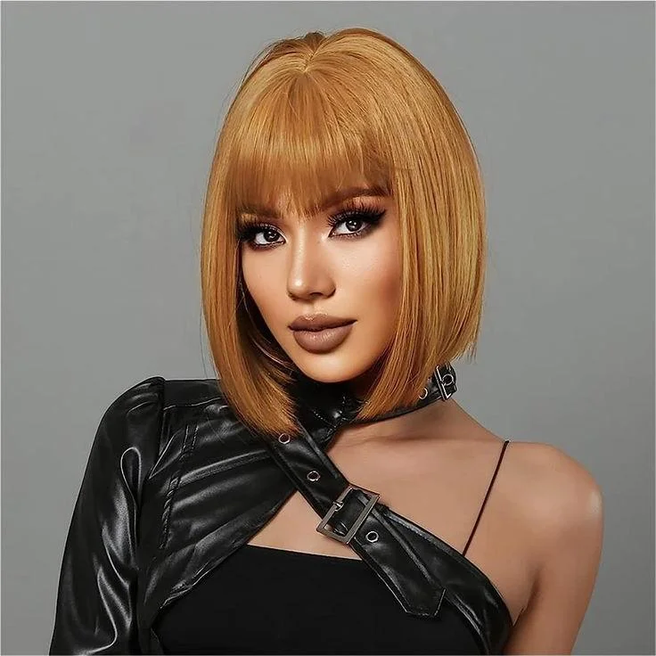 Colored wig with a middle - part for a classic and elegant styleGlueless Wigs Straight Bob Wig Clousure Lace Honey Blonde Color Human Hair Wig With Bangs