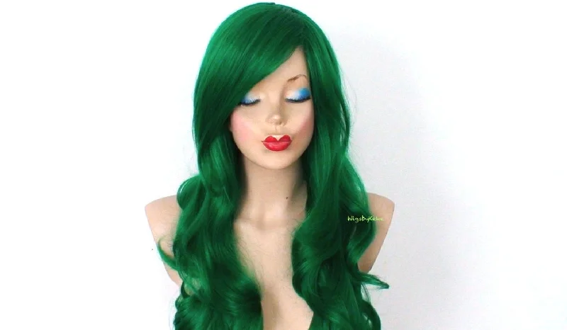 Colored wig with a 150 - density for a full and thick appearance26" Irish Green Long Curly Hair Long Side Bangs Wig