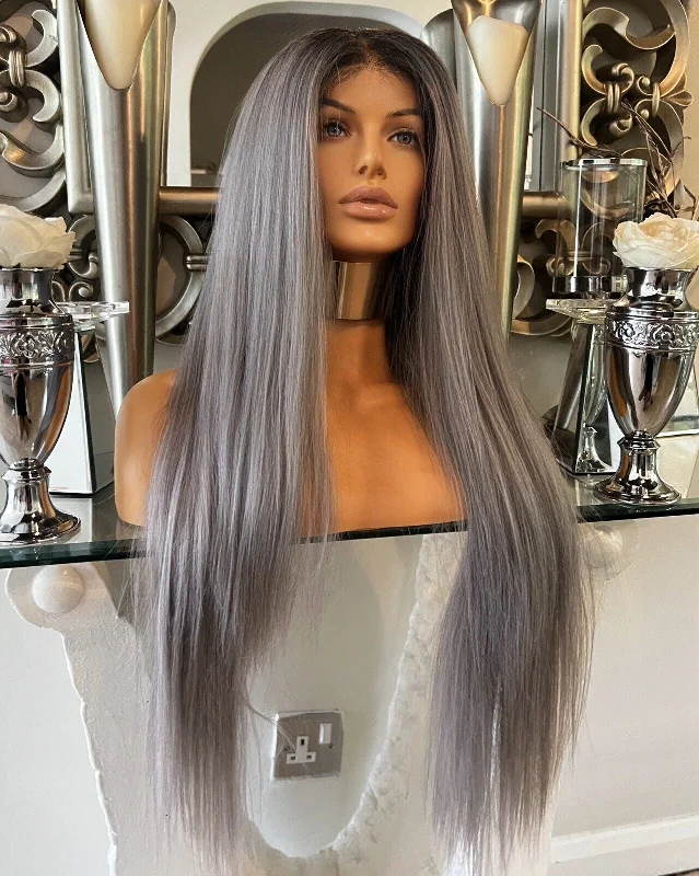 Colored wig with a pre - plucked hairline for a more natural lookGrey Lace Front Wig 180 Density Transparent