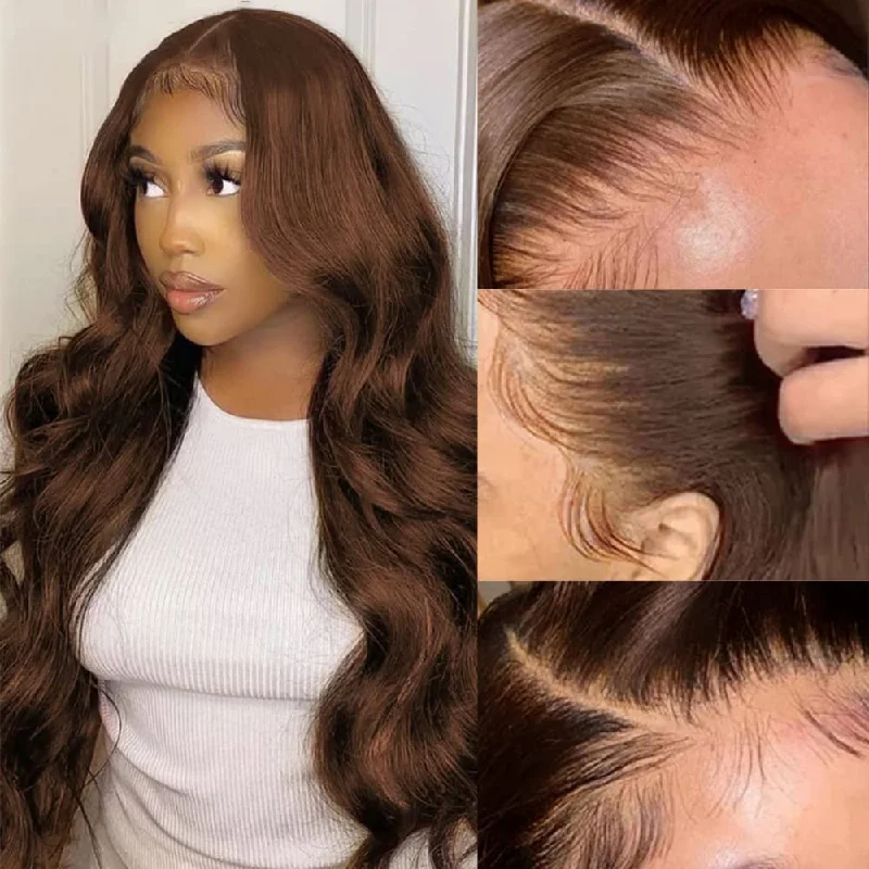 Colored wig with a wavy texture for a beachy and fun lookHD Glueless Lace Frontal Human Hair Wig Chocolate Brown Color