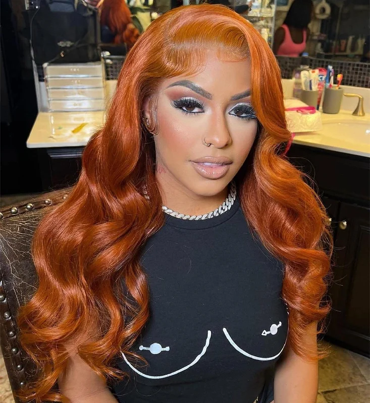 Colored wig with a wavy texture for a beachy and fun lookHD Glueless Orange Color Lace Frontal Human Hair Wig Body Wave Style