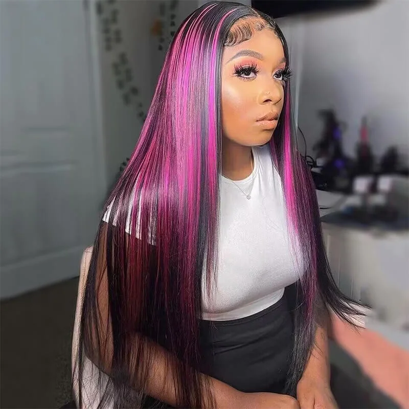 Colored wig with a natural - looking root for a more realistic lookHedy Purple Highlights Lace Front Wigs  Balayage Straight 13x4 Transparent HD Lace Human Hair Wigs