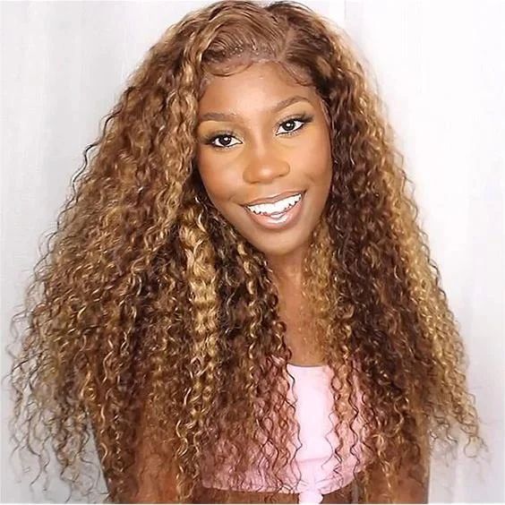 Colored wig with a natural - looking root for a more realistic lookHighlight Color Water Wave Wig 180% Density 4x4 Lace Frontal Transparent Lace Wig