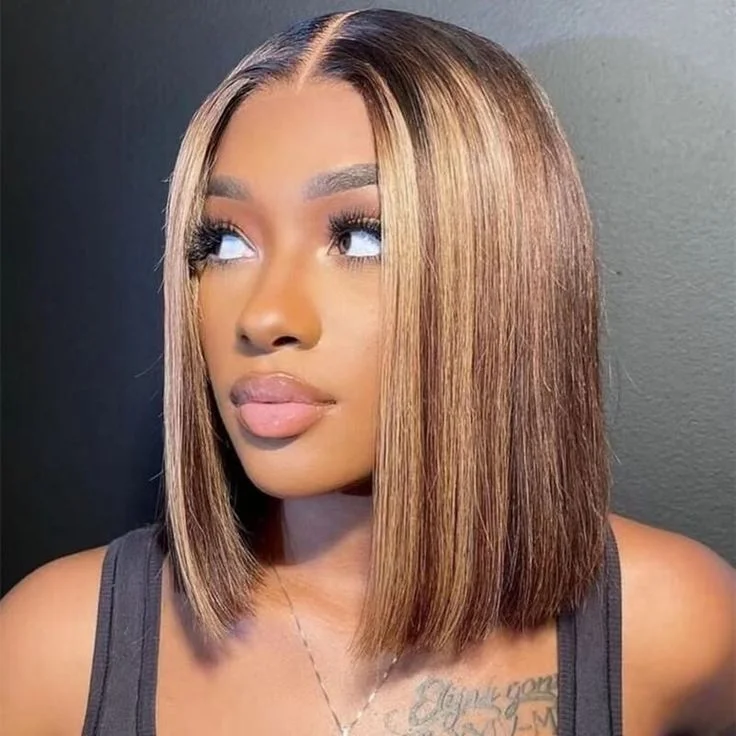 Colored wig with a middle - part for a classic and elegant styleHighlight Piano Color Short Bob Wig Straight 180% Density Lace Front Transparent Lace Wig Human Hair Wig