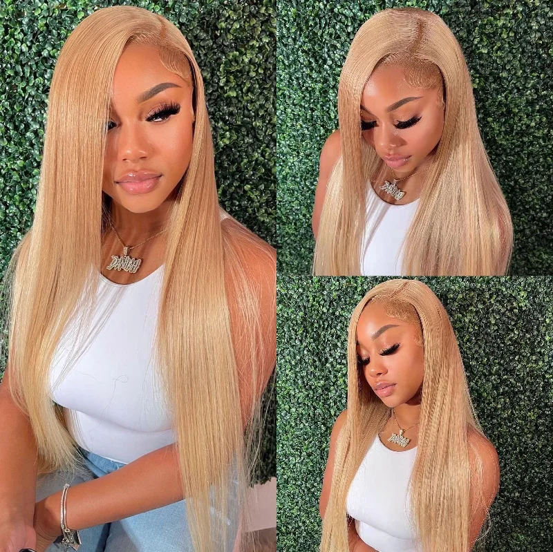 Colored wig with a pre - plucked hairline for a more natural lookHoney Blonde 613 Colored Human Hair Wigs Straight Style