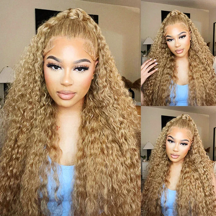 Colored wig with a curly texture for a bold and stylish choiceHoney Blonde Color #27 Water Wave Human Hair Lace Wigs | Withme Hair