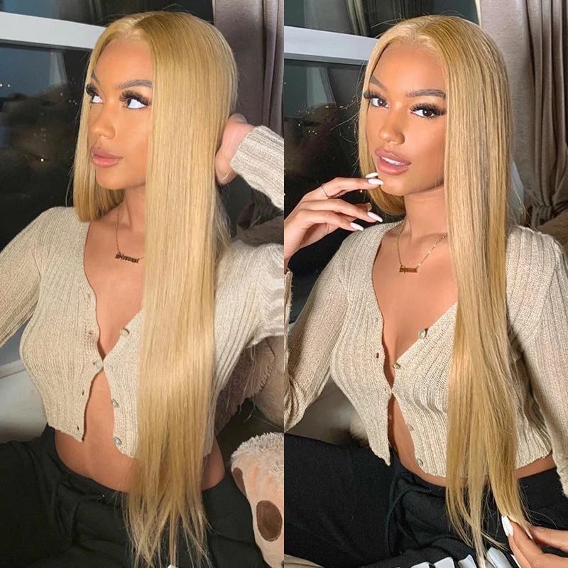 Human - hair colored wig for a natural and luxurious feelHoney Blonde Color With Straight Hair 4x4/13x4/13x6 Closure Lace Wig 180% Density Huamn Hair