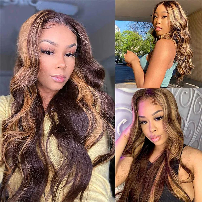 Colored wig with a purple - violet shade for a regal and elegant lookHighlight Wig 13x4 Body Wave Human Hair Wigs 4x4 Lace Closure Wig P4/27 P4/30