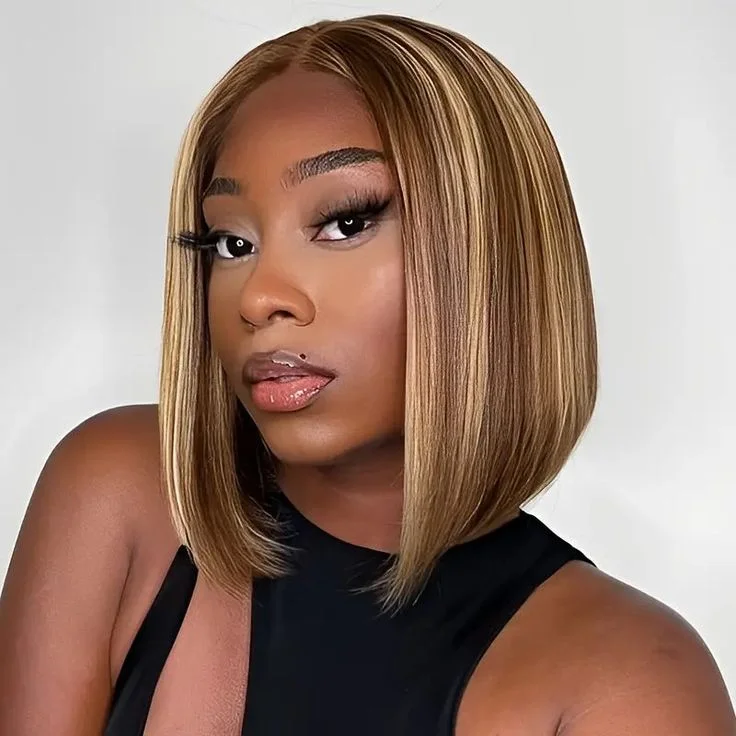 Colored wig with a silk - base cap for a comfortable and smooth feelHoney Blonde Wig Glueless Wig Piano Highlight Color Bob Straight 180% Density Wear and GO