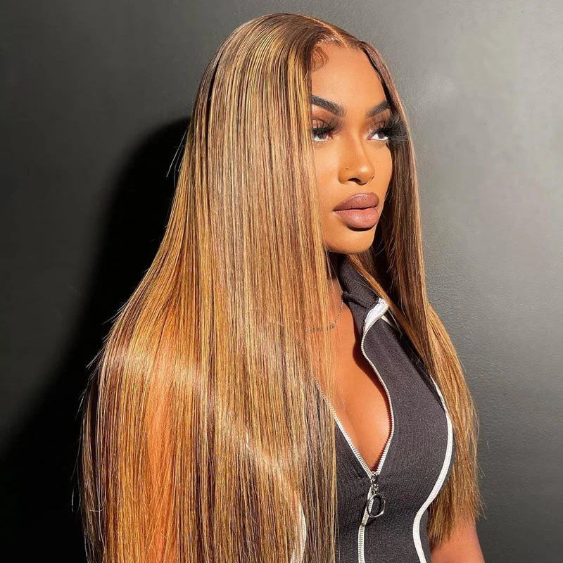 Colored wig with a pre - bleached knot for a natural - looking scalpHighlights Color 360 Transparent Lace Wig Straight Human Hair Wig For Black Woman