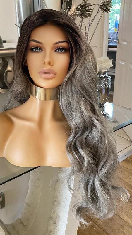 Colored wig with a wispy fringe for a soft and feminine lookhuman hair wig blend Wig Grey Blonde Lace front Wig Blonde Grey Tone Lace Wig