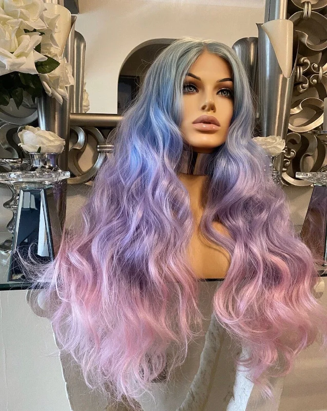 Colored wig with a silver - grey color for a trendy and cool - toned lookRainbow centre part silk top wig absolutely beautiful body wave