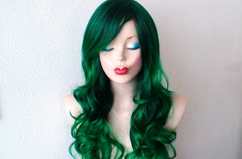 Synthetic colored wig with a heat - resistant formula for easy styling26" Irish Green Ombre Long Curly Hairstyle Long Side Bangs Wig