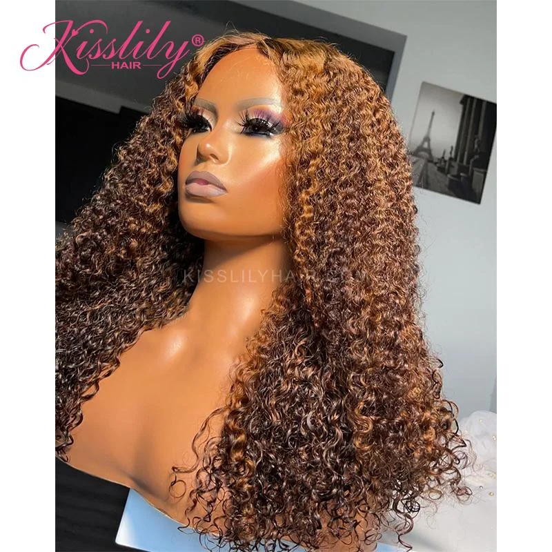 Synthetic colored wig with a heat - resistant formula for easy stylingKisslily Hair 13x4 Highlight Curly Human Hair Wigs Pre Plucked Bleached Knots Free Lace Frontal Wig 200% [CDC27]