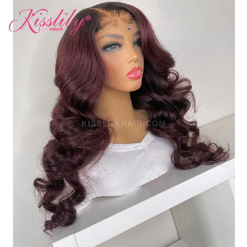 Colored wig with a red - orange hue for a warm and energetic lookKisslily Hair 1b 99j Burgundy Lace Front Wig Ombre 13x4 Colored Human Hair Wigs For Black Women 200% Density [CHC07]