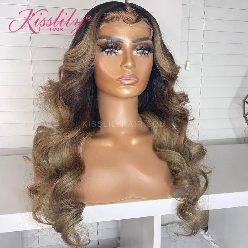 Colored wig with a wispy fringe for a soft and feminine lookKisslily Hair Ash Blonde Lace Front Wig Ombre Body Wave 13x4 Colored Human Hair Wigs For Women 180% [CDC47]