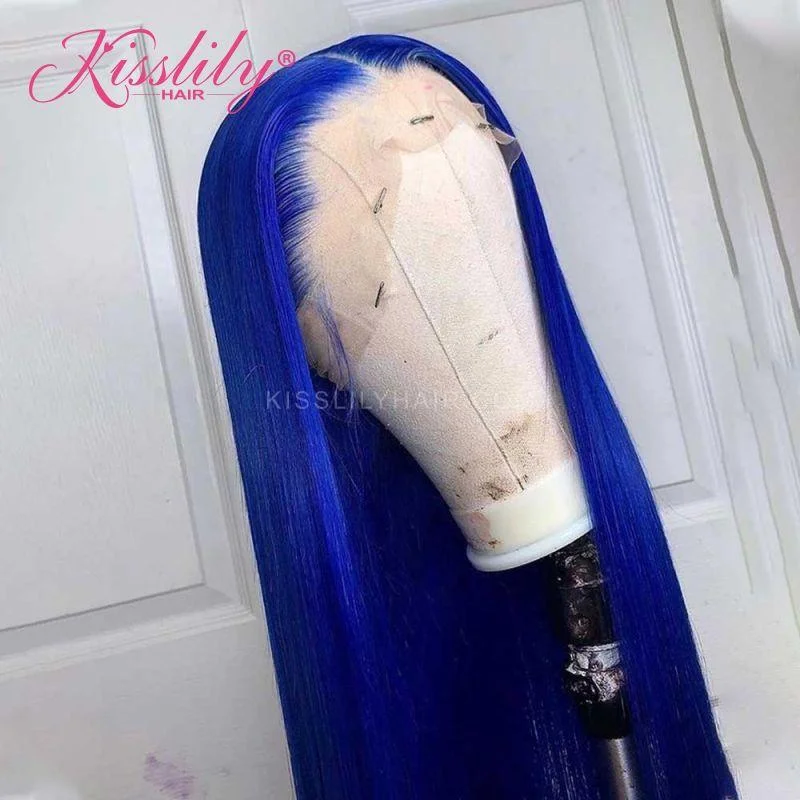 Colored wig with a pre - bleached knot for a natural - looking scalpKisslily Hair Blue Straight 13x4 Lace Frontal Human Hair Pre Plucked 200% Density [CHC71]