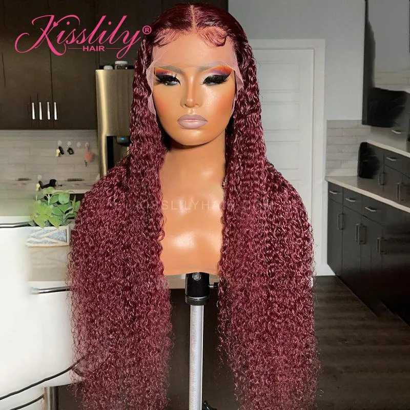 Colored wig with a wispy fringe for a soft and feminine lookKisslily Hair Burgundy Color 13x4 Lace Front Wig Pre Plucked Bleached Knots Human Hair 250% Density [CHC10]