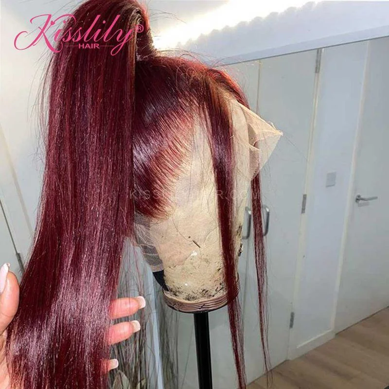 Colored wig with a natural - looking root for a more realistic lookKisslily Hair Burgundy Straight 13x4 Lace Frontal Human Hair Pre Plucked 180%  Density [CHC70]