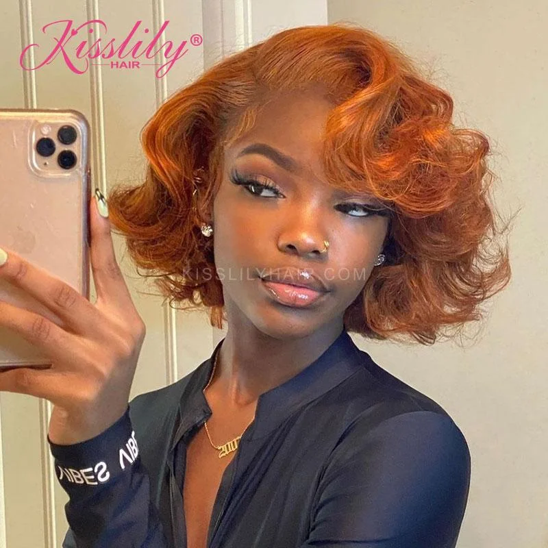 Colored wig with a side - swept bang for a sophisticated lookKisslily Hair Colord Bob Hair Ginger 13x4 Lace Frontal Human Hair Brazilian Hair 180%  Density [CHC40]