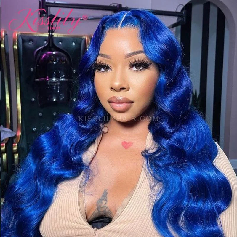 Colored wig with a curly texture for a bold and stylish choiceKisslily Hair Colord Body Wave 13x4 Lace Frontal Blue Human Hair Pre Plucked Remy 200% Density  [CHC45]