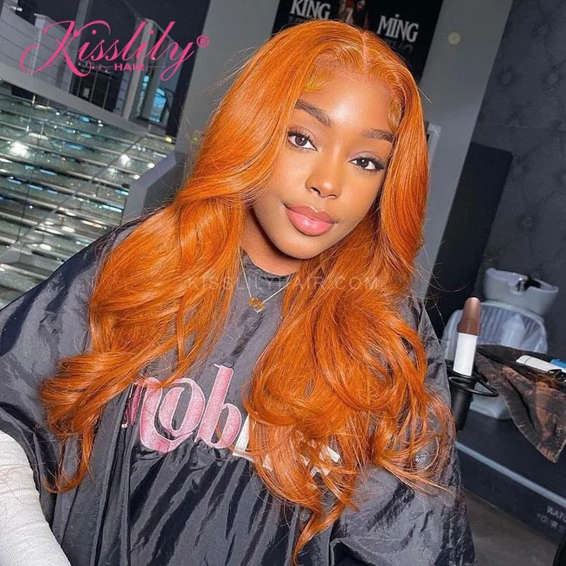 Colored wig in a vibrant pink color for a bold and eye - catching lookKisslily Hair Colord Body Wave 13x4 Lace Frontal Orange Human Hair Pre Plucked 200%  Density [CHC37]