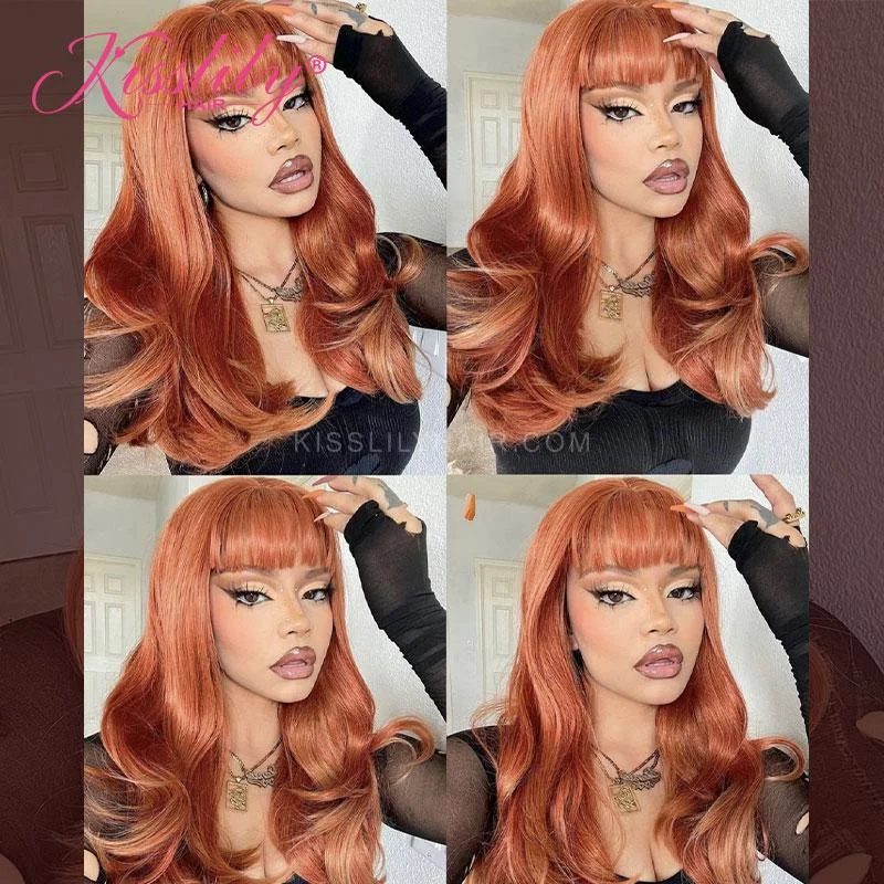 Colored wig with a side - part for a more flattering appearanceKisslily Hair Colord Wavy 13x4 Lace Frontal Orange Human Hair With Bangs 180%  Density  [CHC46]