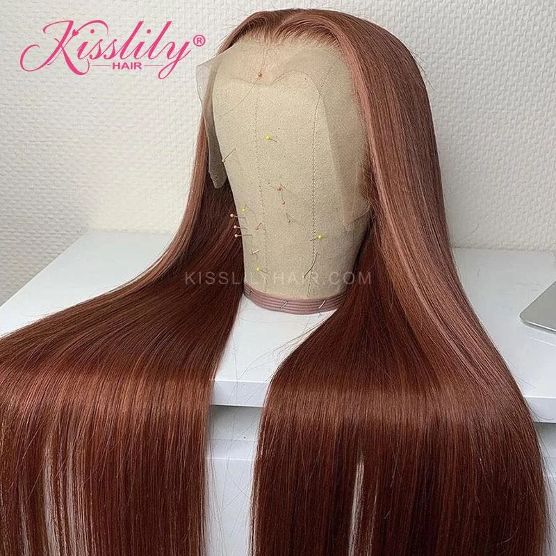 Colored wig with a wavy texture for a beachy and fun lookKisslily Hair Colored Human Hair Wigs For Women Straight 13x4  Lace Front Wig 180%  Density Dark Burgundy [CHC55]