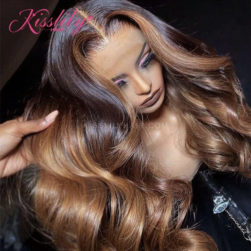 Colored wig with a silk - base cap for a comfortable and smooth feelKisslily Hair Colored Wigs Ombre Honey Blonde Body Wave 13x4 Lace Front Human Hair 200%  Density  [CHC20]