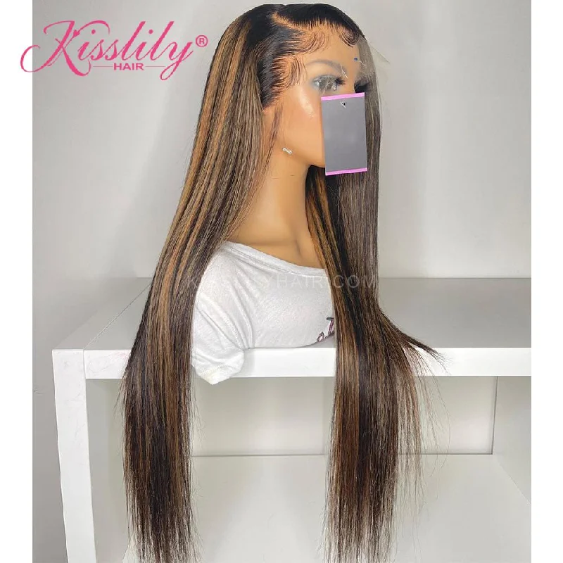 Colored wig with a side - swept bang for a sophisticated lookKisslily Hair Highlight 13x4 Lace Front Wigs For Black Women Straight Brazilian Human Hair Wigs 180% [CDC43]