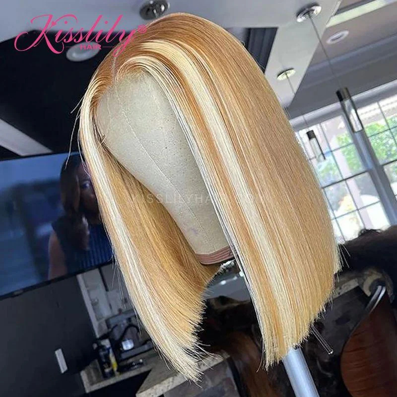 Colored wig with a pre - plucked hairline for a more natural lookKisslily Hair Highlight Bob 613 Silky Straight 13X4 Lace Front Wig 150% [CDC59]