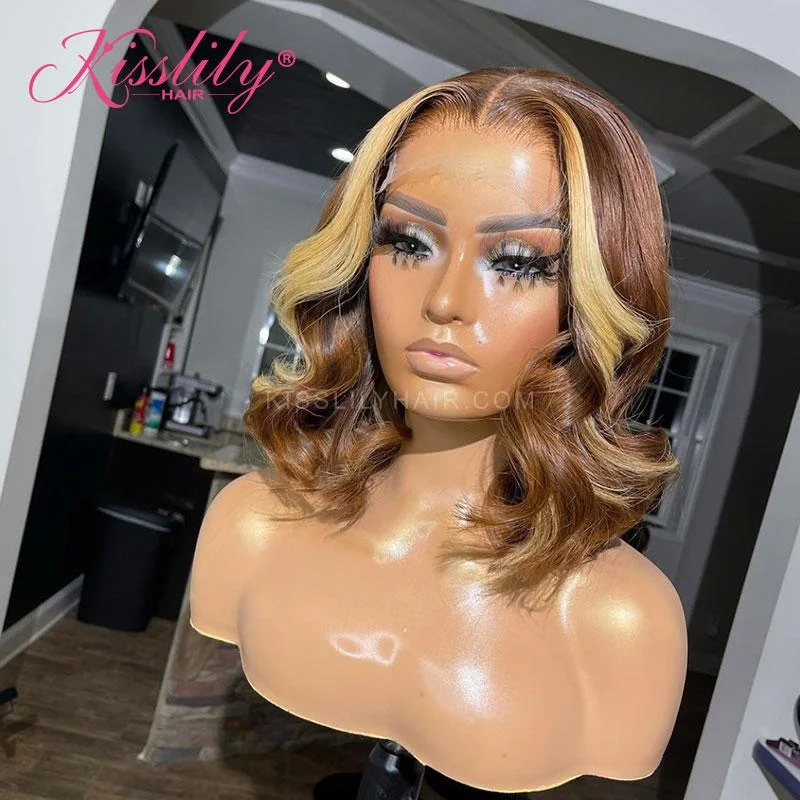 Adjustable - cap colored wig for a comfortable fitKisslily Hair Highlight Bob Hair 13x4 Lace Frontal Human Hair Brazilian Hair 250% Density  Pre Plucked [CHC39]