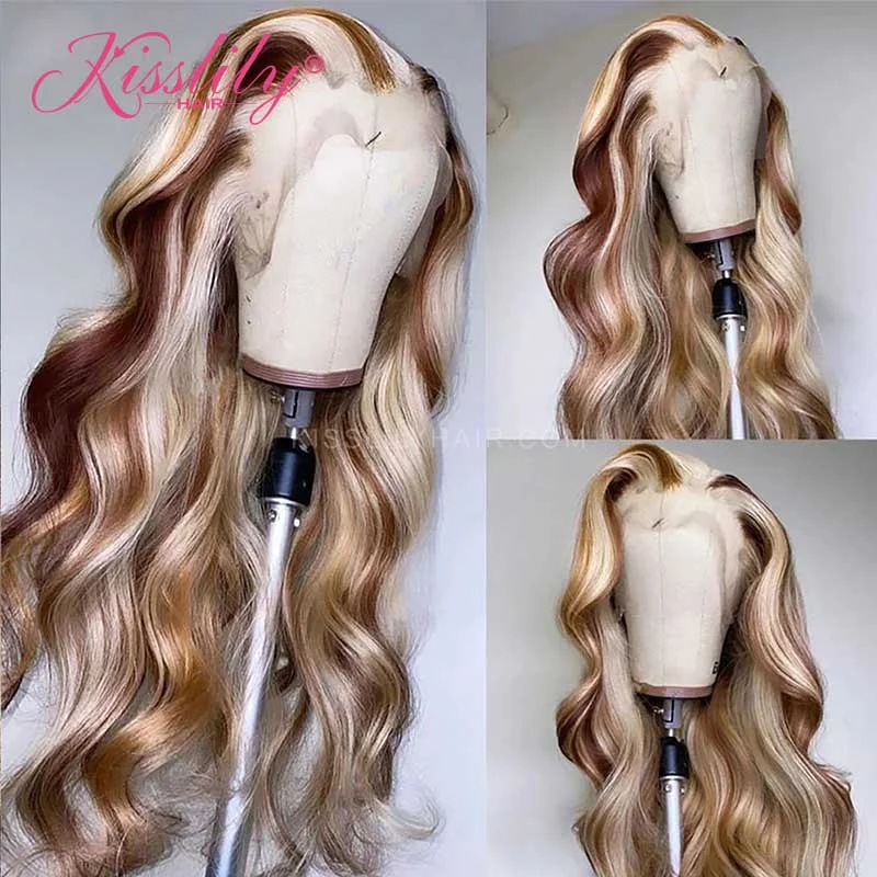 Colored wig with a 150 - density for a full and thick appearanceKisslily Hair Highlight Body Wave 13x4 Lace Front Wig For Black Women Pre Plucked 180% [CDC44]