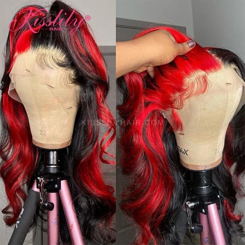 Colored wig with a side - swept bang for a sophisticated lookKisslily Hair Highlight Body Wave 13x4 Lace Front Wig Pre Plucked 150% Density Bleached Knots Human Hair [CHC04]