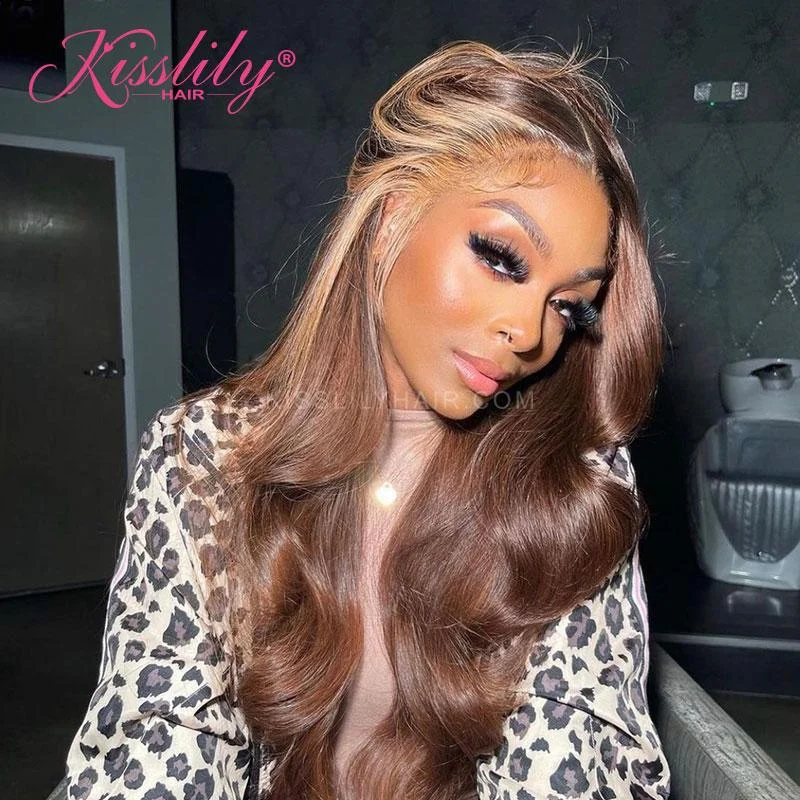 Colored wig with a natural - looking root for a more realistic lookKisslily Hair Highlight Body Wave 13x4 Lace Frontal Human Hair Pre Plucked 180% [CDC16]