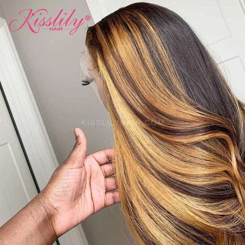 Colored wig with a side - part for a more flattering appearanceKisslily Hair Highlight Body Wave 13x4 Lace Frontal Human Hair Pre Plucked 250% [CDC67]