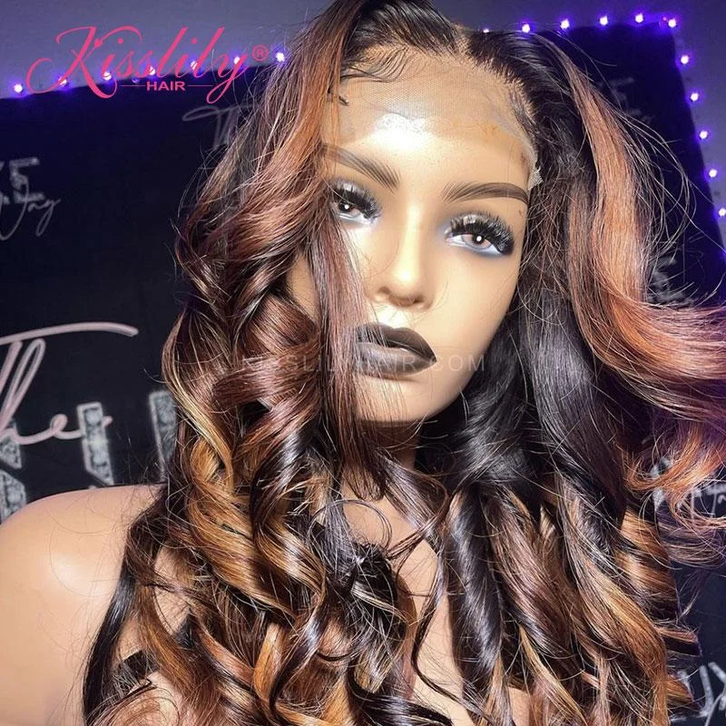 Colored wig with a silk - base cap for a comfortable and smooth feelKisslily Hair Highlight Body Wave 13x4 Lace Frontal Ombre Human Hair 1B/30 High Quality 200% [CDC06]