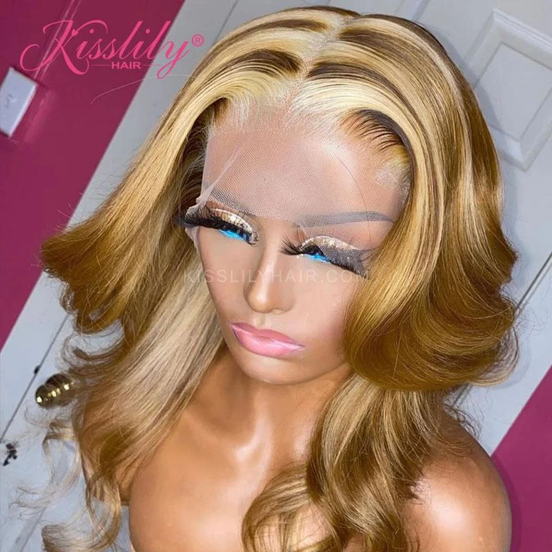 Colored wig with a side - swept bang for a sophisticated lookKisslily Hair Highlight Body Wave 13x4 Transparent Lace Pre Plucked 180% [CDC01]