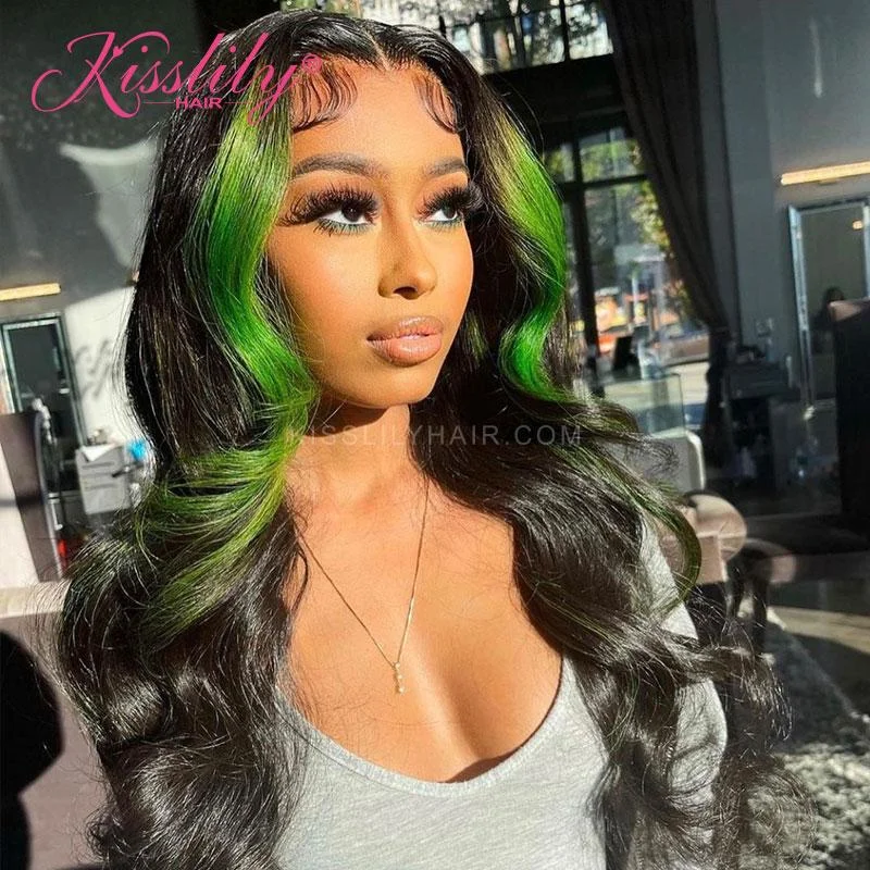 Colored wig with a pre - plucked hairline for a more natural lookKisslily Hair Highlight Green Color Body Wave 13x4 Lace Front Wig For Women 180% Density [CHC47]