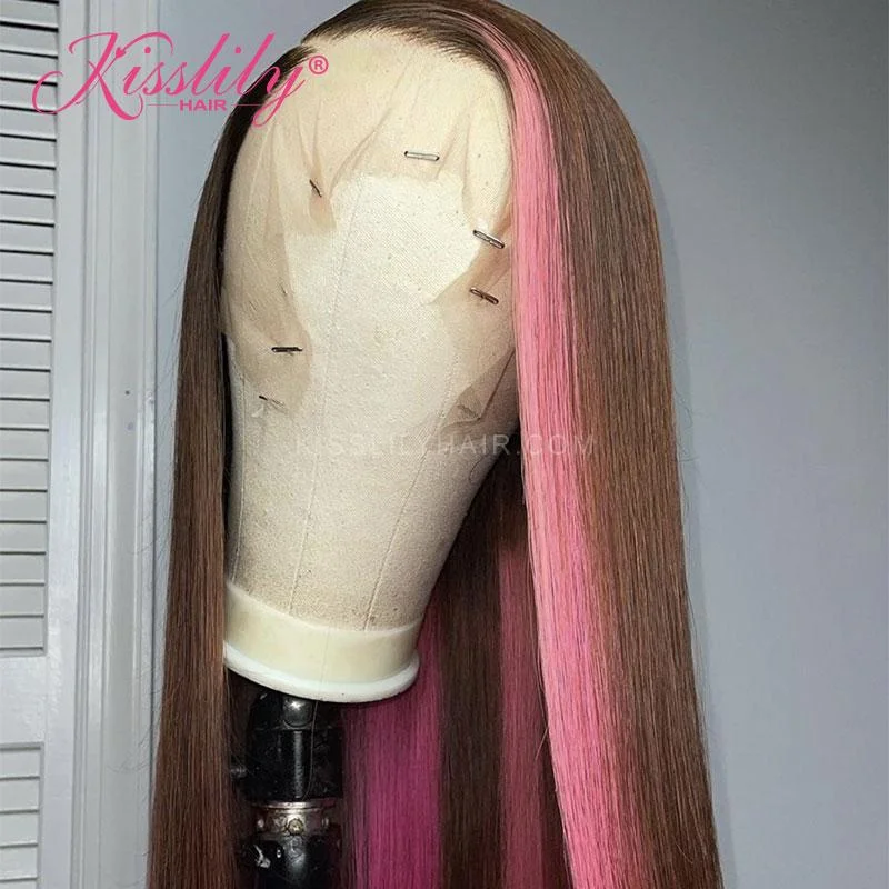 Colored wig with a curly texture for a bold and stylish choiceKisslily Hair Highlight Pink & Brown Straight 13x4 Lace Front Wig 180% [CDC14]