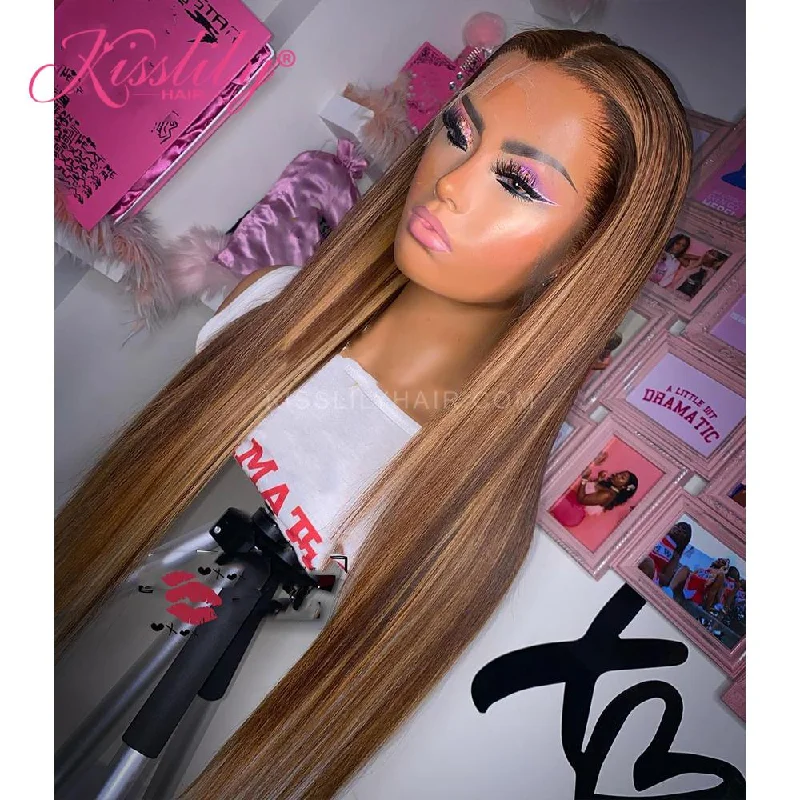 Colored wig with a pre - plucked hairline for a more natural lookKisslily Hair Highlight Wig Human Hair 13x4 Lace Front Wigs 200%  Density Honey Blonde Colored Human Hair Wig Straight [CDC42]