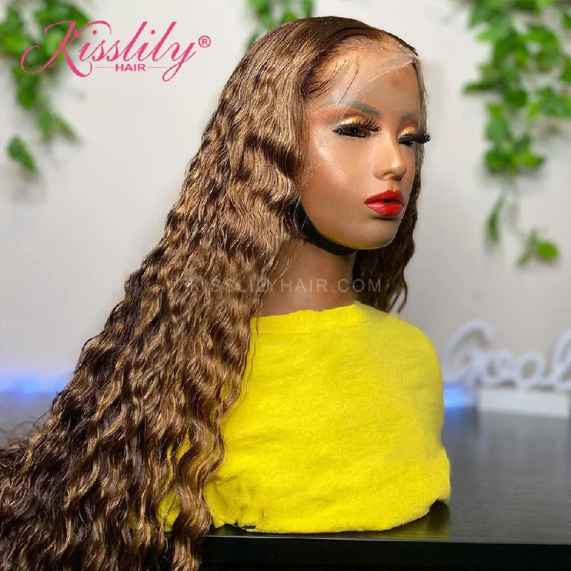 Colored wig with a red - orange hue for a warm and energetic lookKisslily Hair Highlight Wig Human Hair Curly Pre Plucked 13x4 Lace Frontal Wig 200% Density [CHC58]