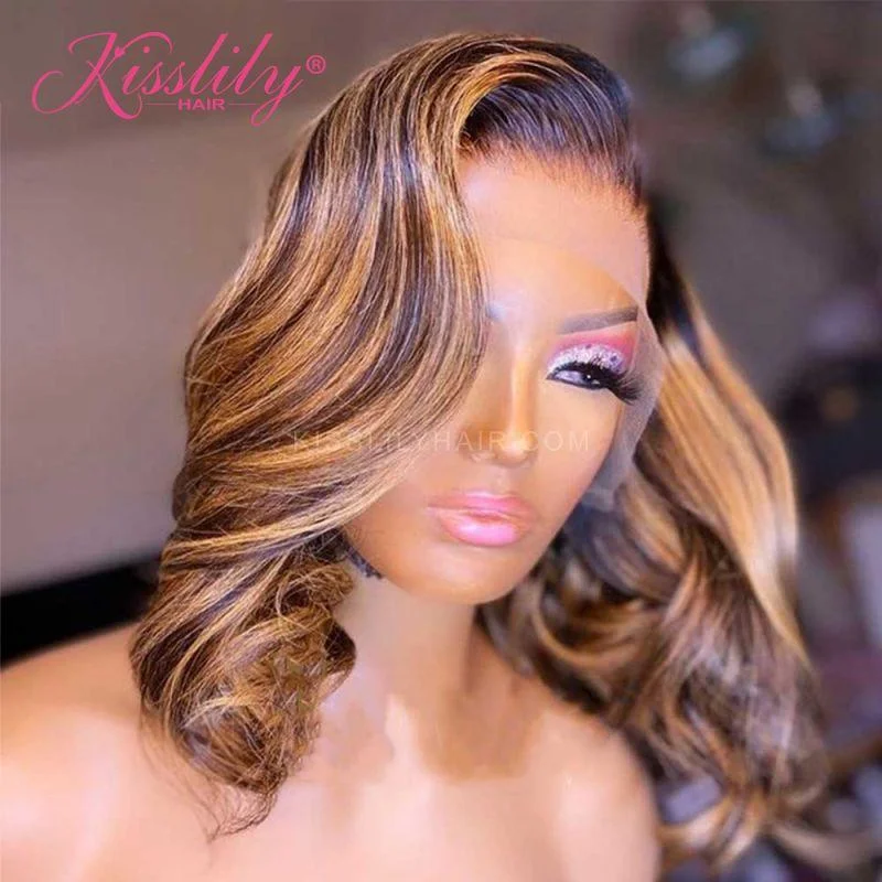 Synthetic colored wig with a heat - resistant formula for easy stylingKisslily Hair Honey Blonde Body Wave Bob 13x4 Lace Frontal Highlight Human Hair 180%  Density [CDC58]