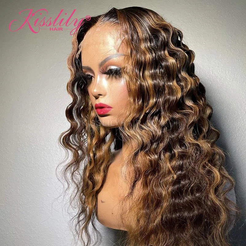 Colored wig with a red - orange hue for a warm and energetic lookKisslily Hair Honey Blonde Water Wave 13x4 Lace Front Wigs 180% Density  Highlight Pre Plucked For Black Women [CDC21]