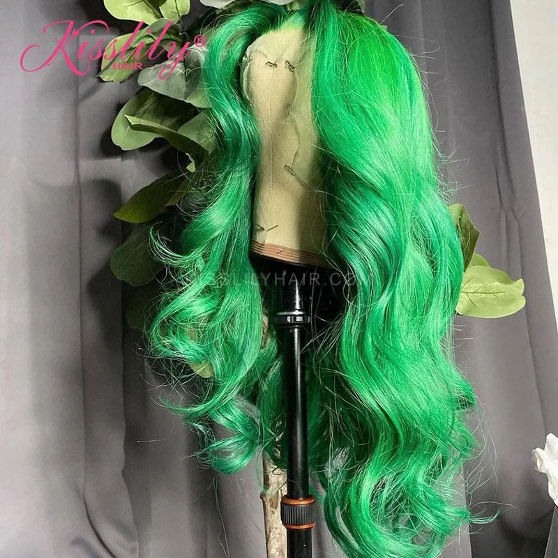 Colored wig with a curly texture for a bold and stylish choiceKisslily Hair Light Green Color Body Wave 13X4 Lace Front Wig 180%  Density Pre Plucked [CDC03]