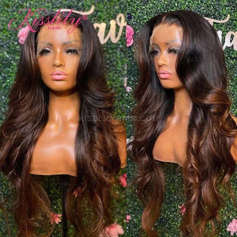 Colored wig with a side - part for a more flattering appearanceKisslily Hair Ombre 1B Brown Body Wave 13x4 Lace Front Human Hair 250% Density Pre Plucked [CHC67]