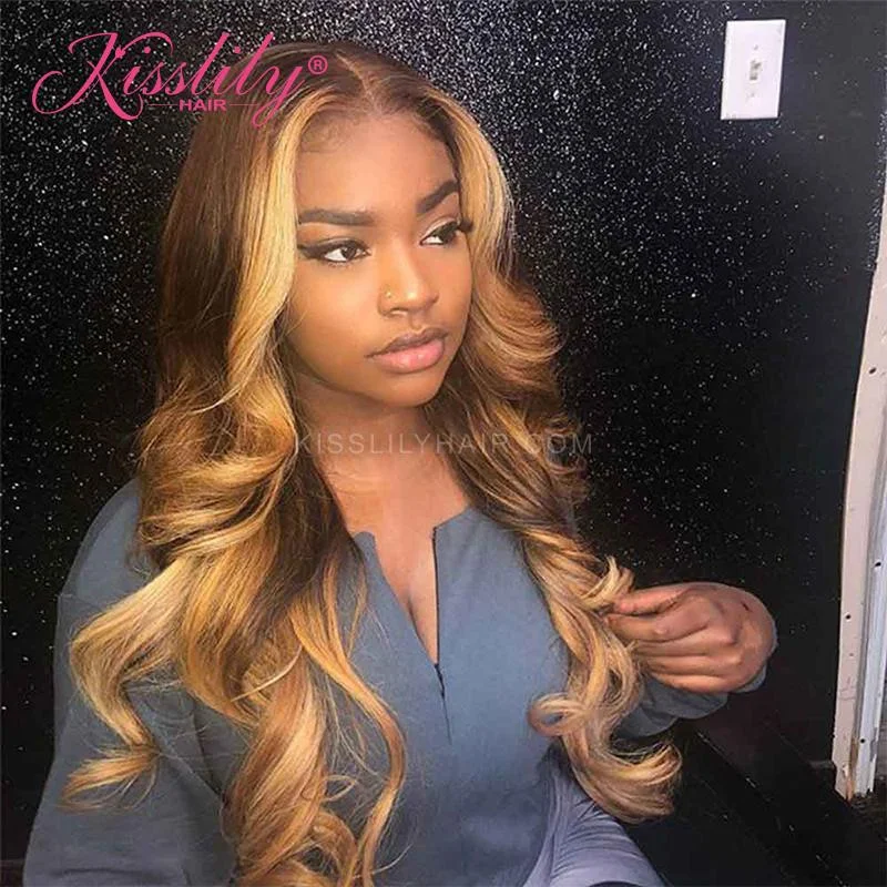 Colored wig with a purple - violet shade for a regal and elegant lookKisslily Hair Ombre Body Wave 13x4 Lace Front Wig Pre Plucked 250% Density Bleached Knots Human Hair For Black Women [CHC06]